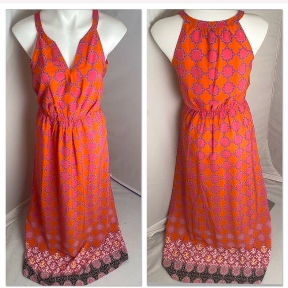 Banana Republic Dresses & Skirts - Banana Republic orange and pink print v-neck maxi dress 6
